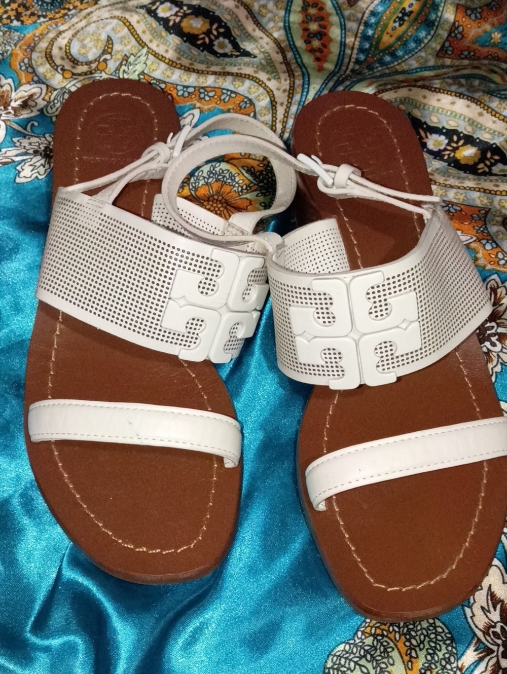 Women's White Leather Slide Sandals with Perforated Upper and Ankle Tie